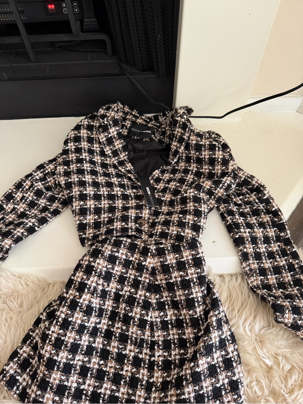Fashion Nova Black and Cream Tweed Skirt Set